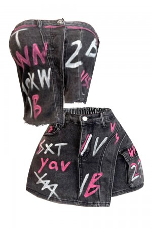 NC2102B / NEWGENS<br/>Denim Paint Corset & Skirt Set