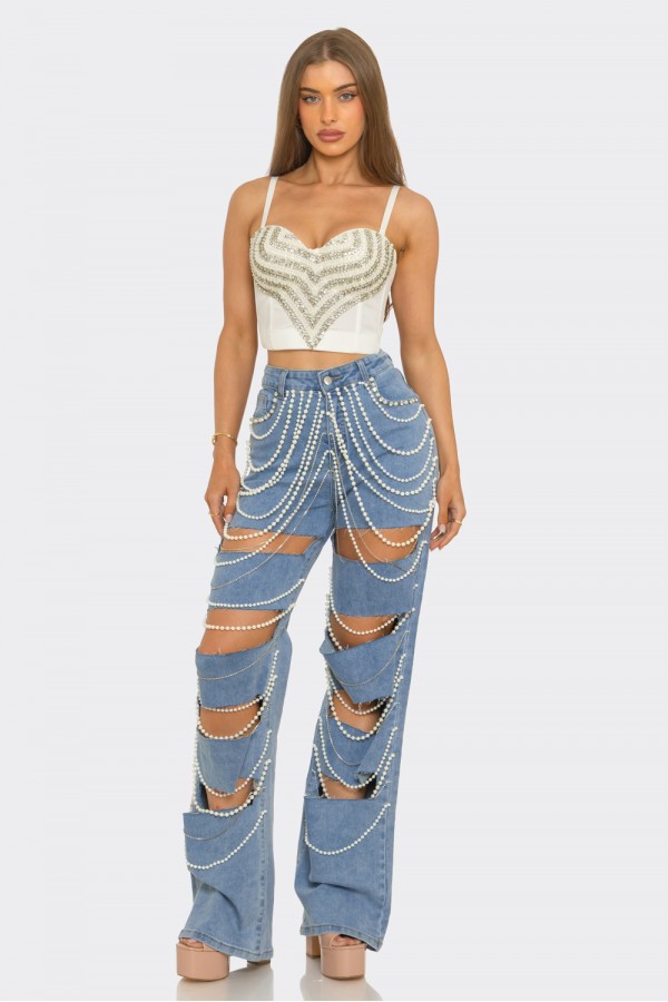 NP4092A / NEWGENS<br/>Pearl Chain Cut-Out Denim Pants