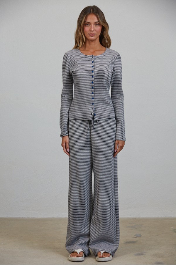 CTP3592 / CREAMON<br/>Lounge Striped Button Down Top & Pants Set