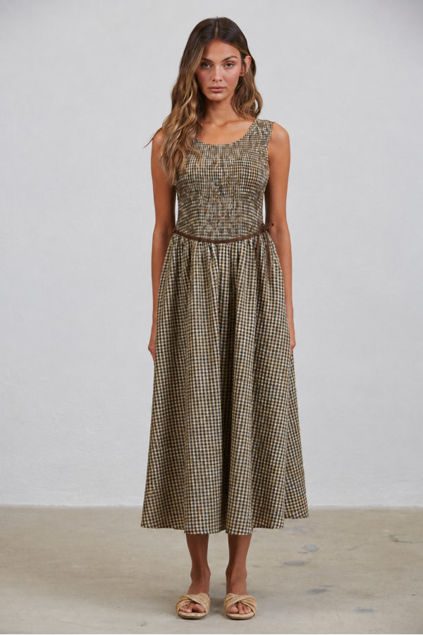 D2334-1 / CREAMON<br/>Giselle Multi Contrast Smocked Drapey Midi Dress