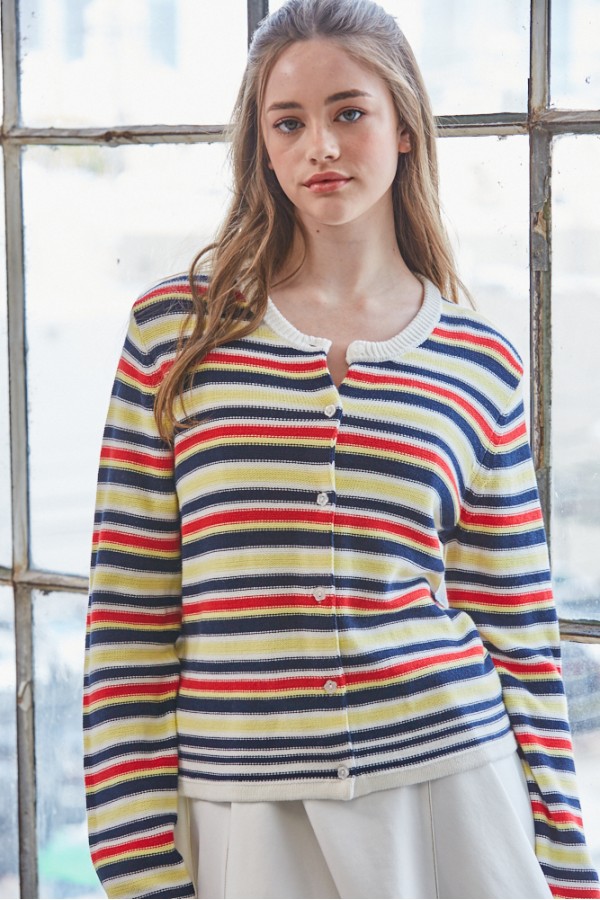 NC3750 / CREAMON<br/>Multi Stripe Button Front Knit Cardigan