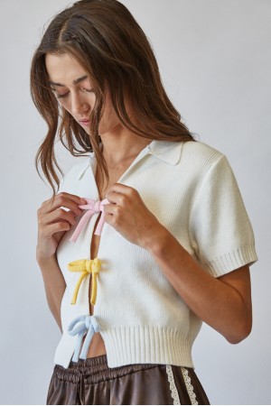 NSW2634 / CREAMON<br/>Contrast Ribbon Tie Sweater Top