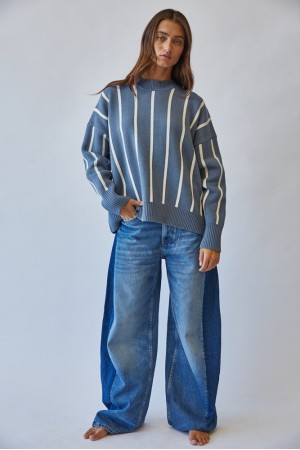 NSW2671 / CREAMON<br/>Vintage Slouchy Striped Crew Neck Sweater