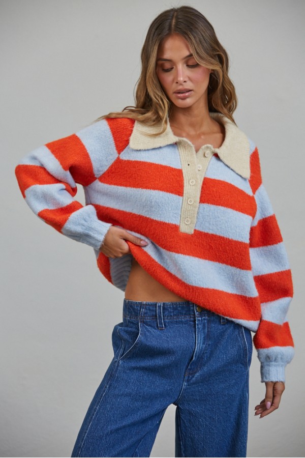 NT3321 / CREAMON<br/>Royce Striped Polo Color Block Henley Sweater