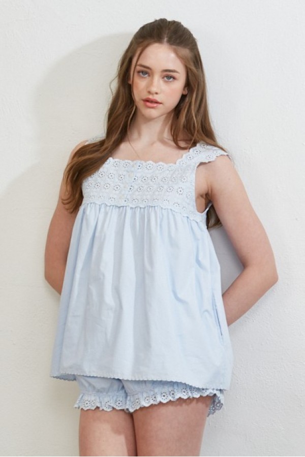 TP3486 / CREAMON<br/>Pola Eyelet Cotton Embroidered Top & Short Set