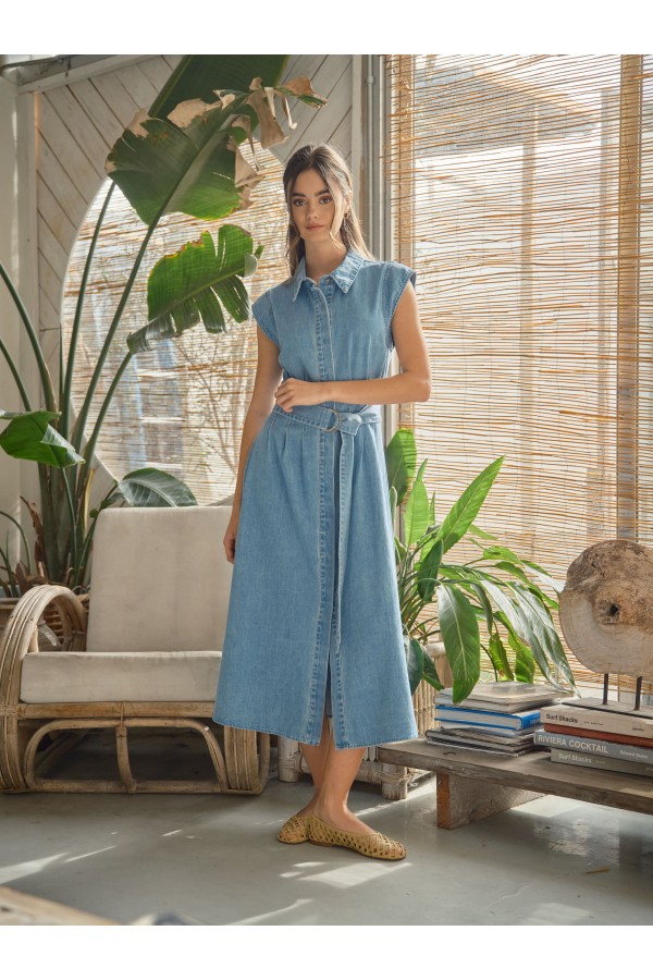AJD5696 / Aaron & Amber<br/>CAP SLEEVE BELTED BUTTON DOWN MIDI DRESS