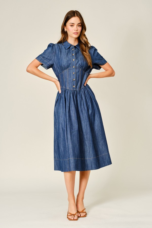 AJD5941 / Aaron & Amber<br/>CORSET SMOCKING DENIM SHIRTS MIDI DRESS