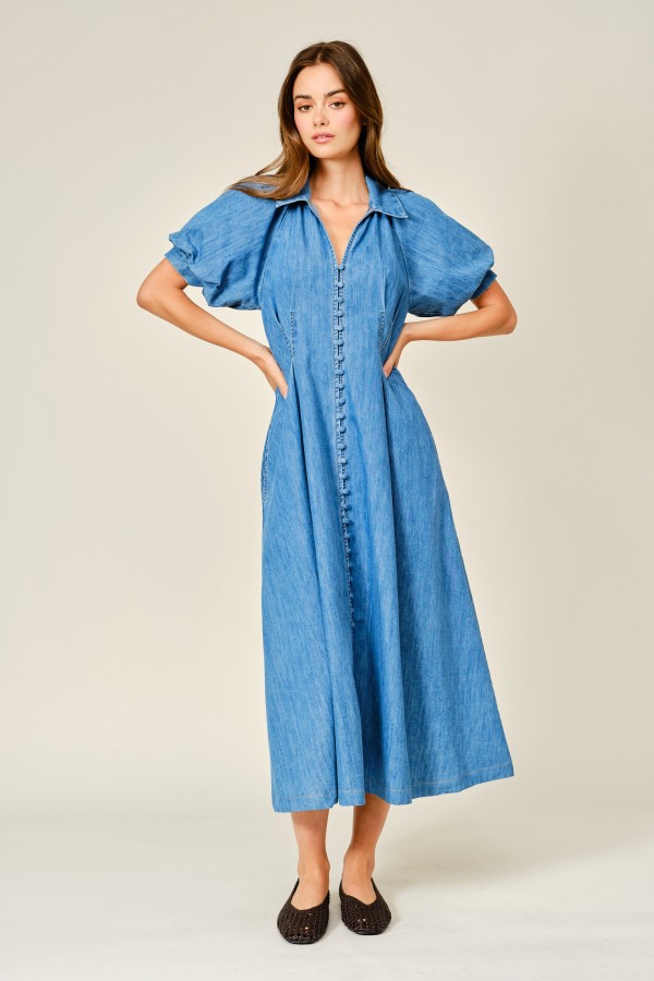 AJD6037 / Aaron & Amber<br/>PUFF SLEEVE COLLAR BUTTON DOWN MIDI DENIM DRESS