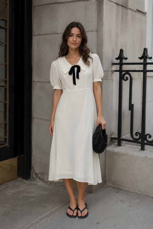 AJD6076 / Aaron & Amber<br/>ELEGANT TWO-TONE SAILOR COLLAR MIDI DRESS