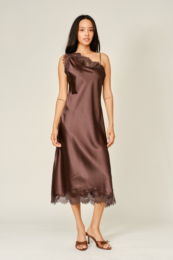 AJD6388 / Aaron & Amber<br/>COCKTAIL LACE SATIN MIDI DRESS