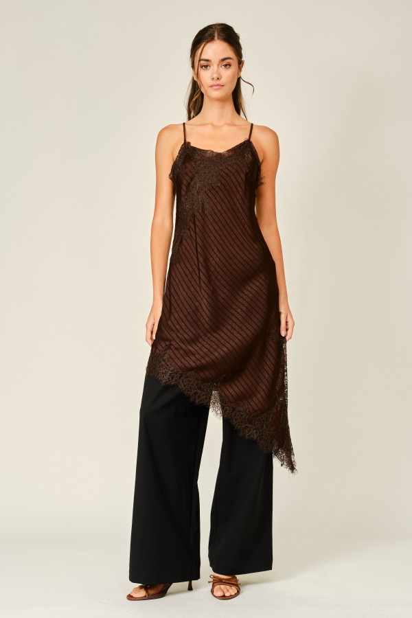 AJD6472 / Aaron & Amber<br/>STRIPED UNBALANCE LACE CAMI DRESS