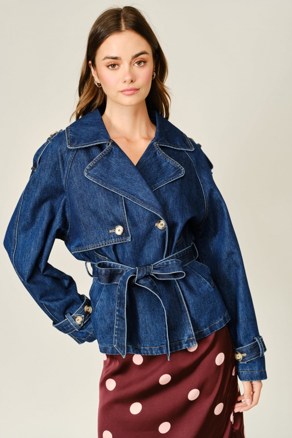 AJJ5905 / Aaron & Amber<br/>A LINE DENIM HALF TRENCH COAT WITH BELT