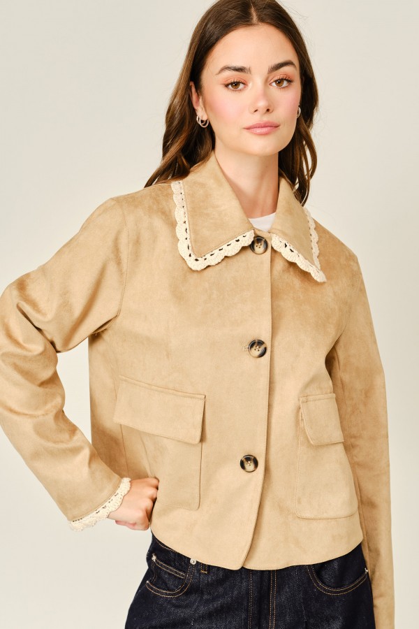 AJJ6156 / Aaron & Amber<br/>CROCHET LACE COLLAR SUEDE JACKET