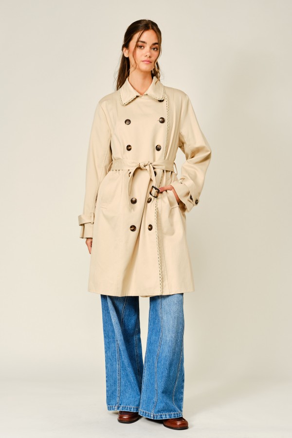 AJJ6184 / Aaron & Amber<br/>EYELET LACE BELTED MIDI TRENCH COAT