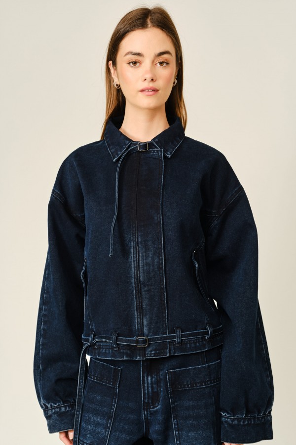 AJJ6198 / Aaron & Amber<br/>DARK WASHED BELTED DENIM JACKET