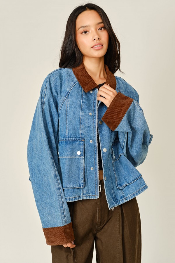 AJJ6209 / Aaron & Amber<br/>CORDUROY CONTRAST A-LINE DENIM JACKET