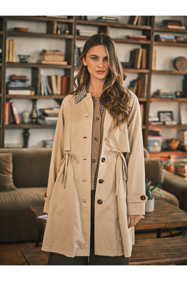 AJJ6219 / Aaron & Amber<br/>CLASSIC PLAID DRAWSTRING MIDI TRENCH COAT