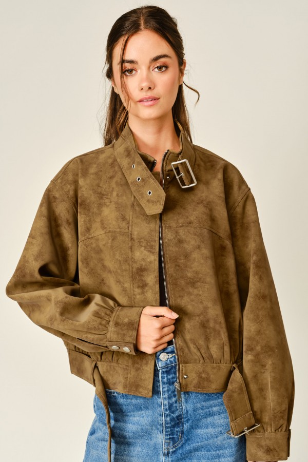 AJJ6294 / Aaron & Amber<br/>VINTAGE VEGAN LEATHER BELTED BOMBER JACKET