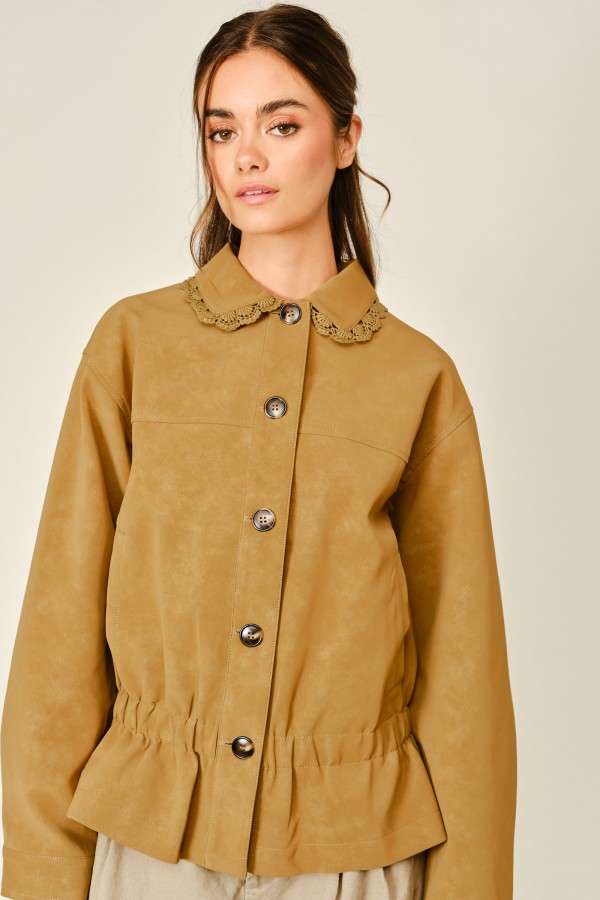 AJJ6320 / Aaron & Amber<br/>CROCHET LACE COLLAR RUFFLE HEM LEATHER JACKET
