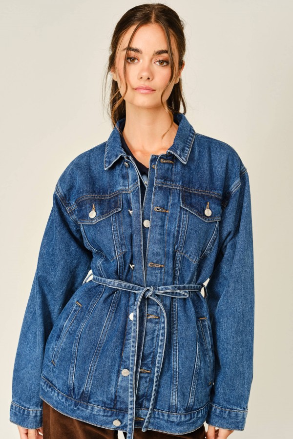 AJJ6347 / Aaron & Amber<br/>DOUBLE PLACKET BELTED DENIM JACKET