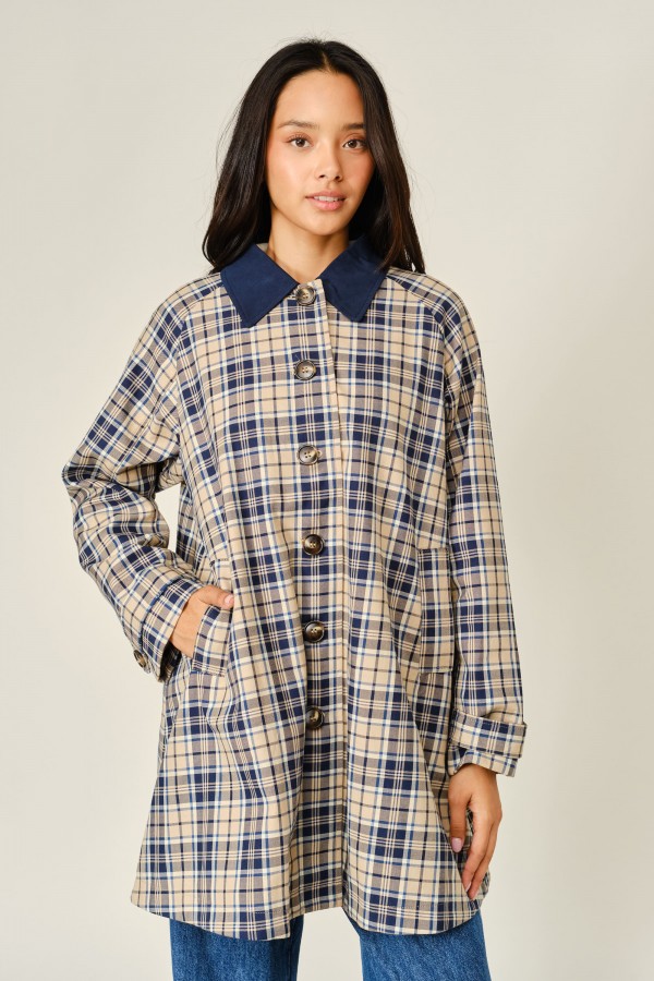AJJ6363 / Aaron & Amber<br/>CLASSIC PLAID MIDI TRENCH JACKET
