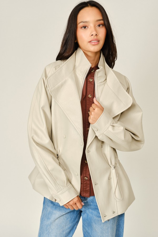 AJJ6380 / Aaron & Amber<br/>OVERSIZED VEGAN LEATHER FUNNEL JACKET