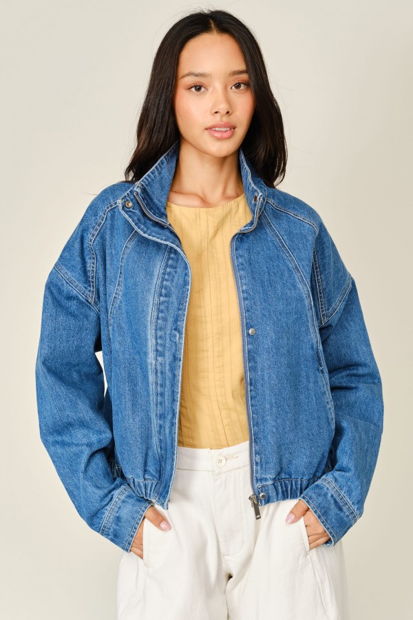 AJJ6401 / Aaron & Amber<br/>WASHED DENIM FUNNEL BOMBER JACKET