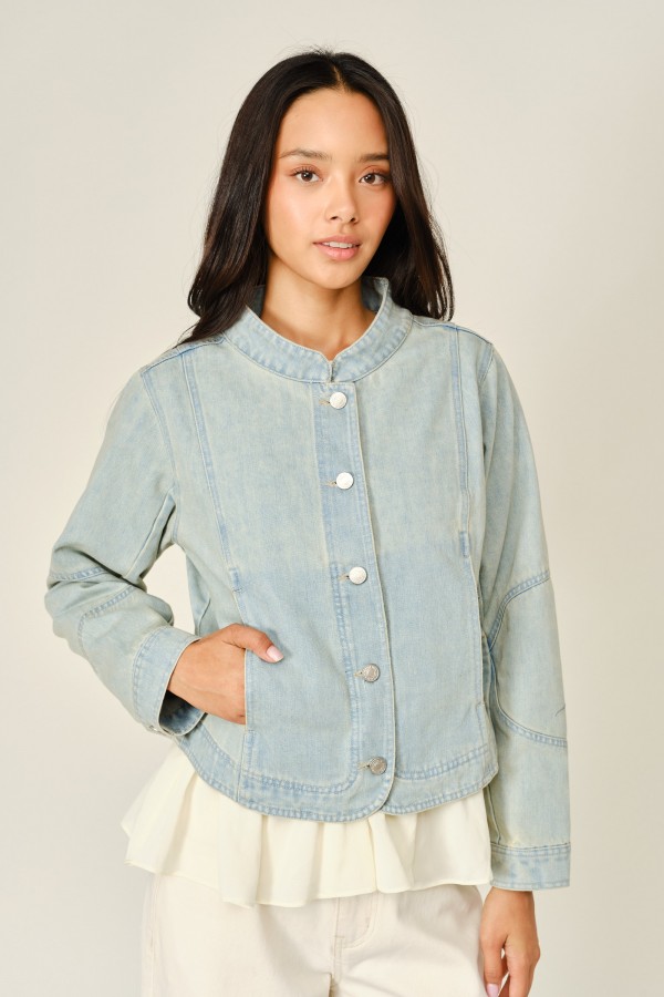 AJJ6495 / Aaron & Amber<br/>FITTED CLASSIC STAND COLLAR DENIM JACKET