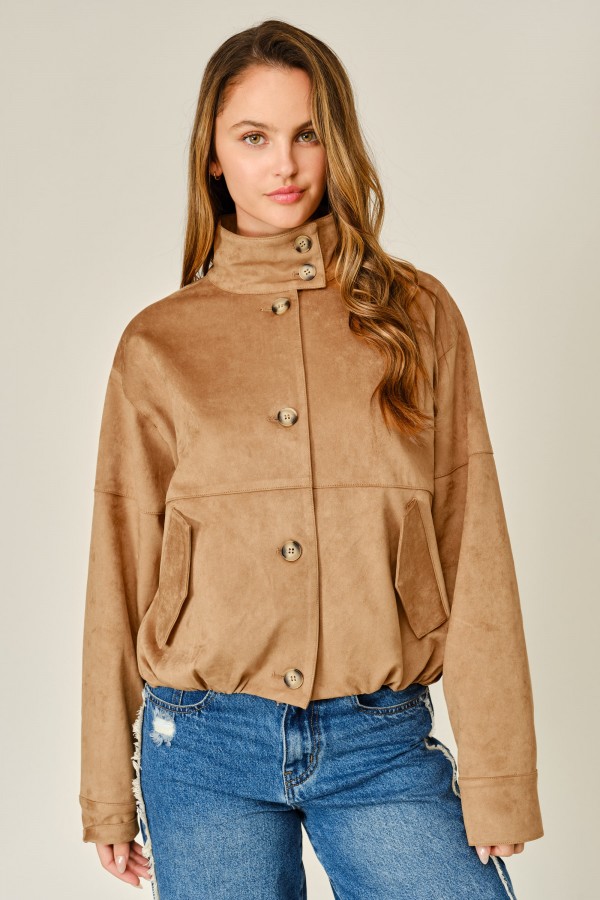 AJJ6670 / Aaron & Amber<br/>SOFT SUEDE FUNNEL NECK BOMBER JACKET