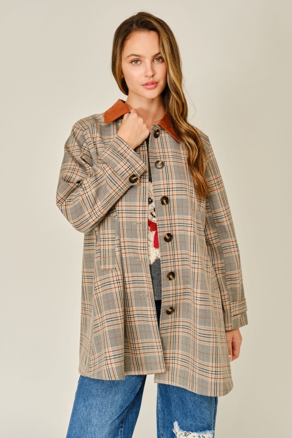 AJJ6683 / Aaron & Amber<br/>PLAID BUTTON DOWN TRENCH COAT