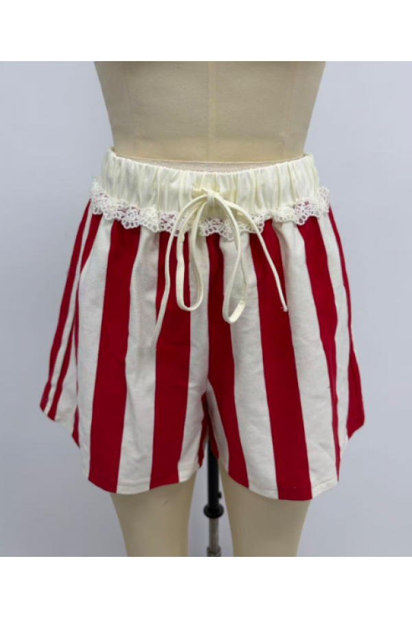 AJP6138 / Aaron & Amber<br/>STRIPE LACE INSER ELASTIC WAIST SWEAT SHORTS