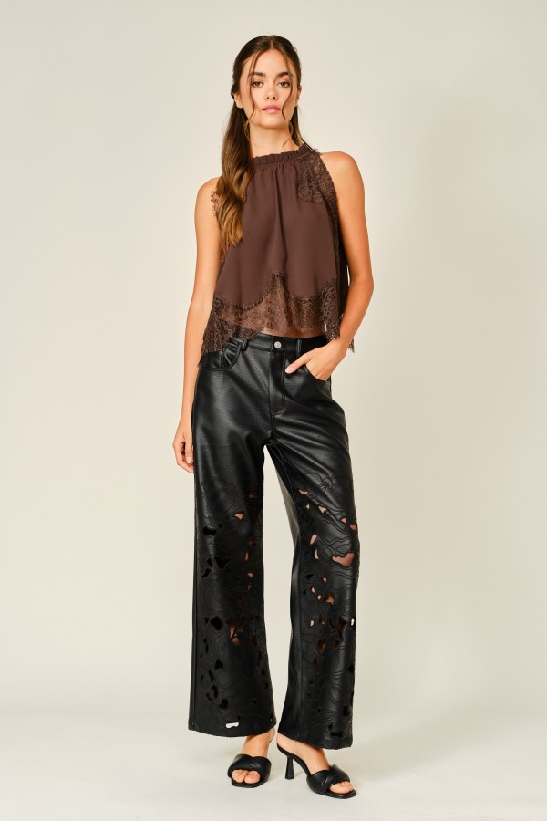 AJP6378 / Aaron & Amber<br/>VEGAN LEATHER FLORAL CUTOUT WIDE PANTS
