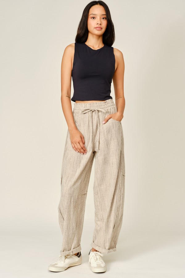 AJP6491 / Aaron & Amber<br/>ELASTIC WAISTBAND STRIPED BARREL PANTS