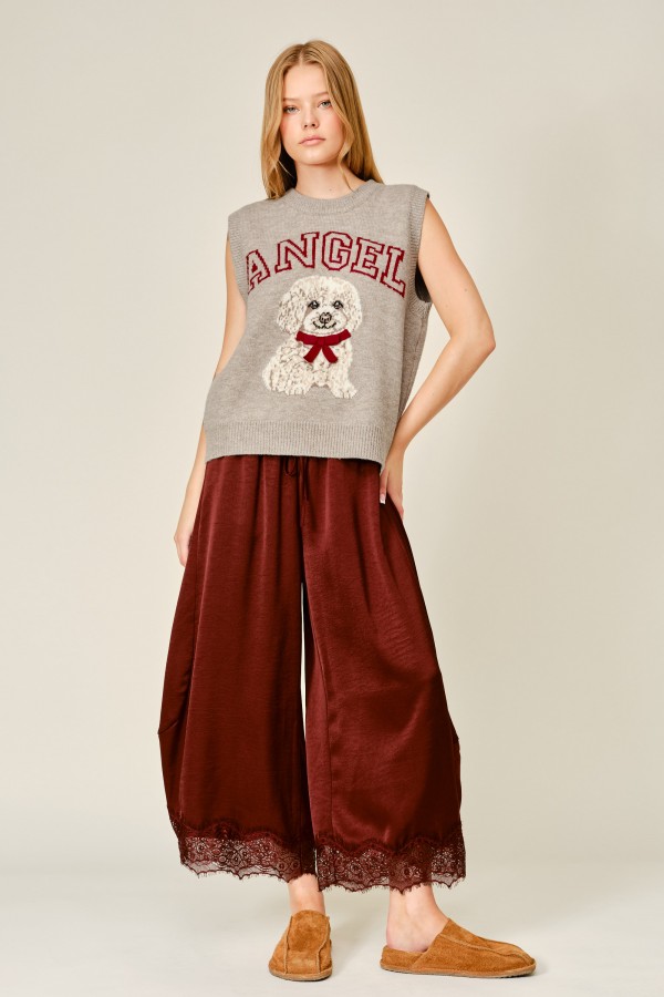 AJP6612 / Aaron & Amber<br/>LACE TRIM SATIN DRAWSTRING BARREL PANTS