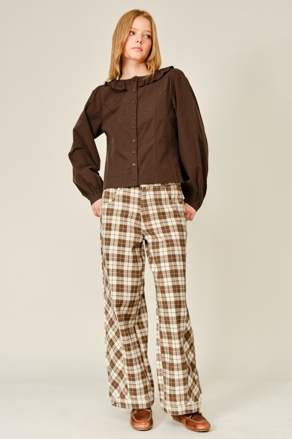 AJP6686 / Aaron & Amber<br/>OXFORD PLAID WIDE LEG COTTON PANTS