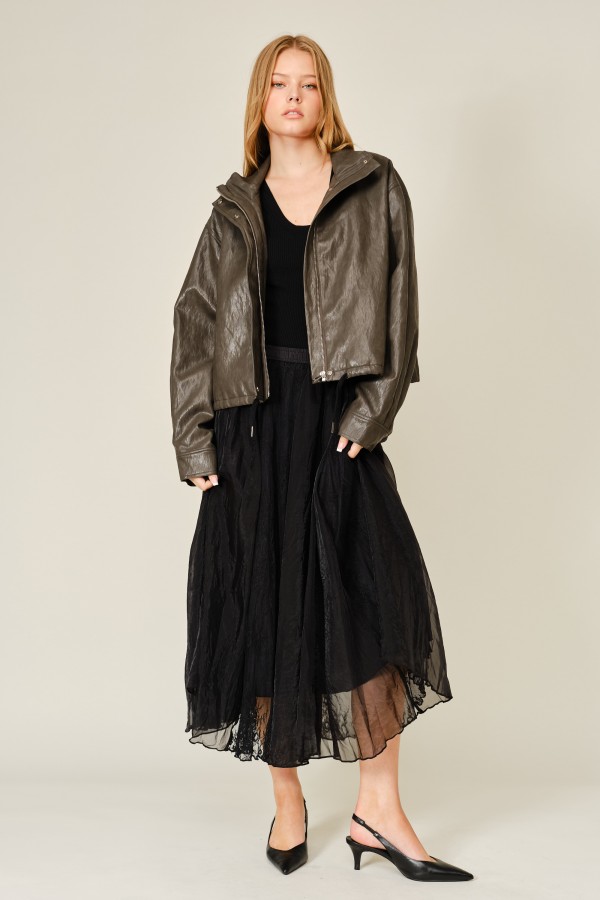 AJS6523 / Aaron & Amber<br/>CRINKLE LACE SATIN MIDI SKIRT