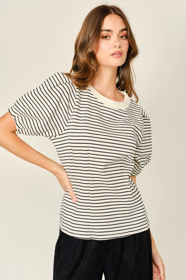 AJT5872 / Aaron & Amber<br/>STRIPE SHORT SLEEVE SWEATSHIRTS