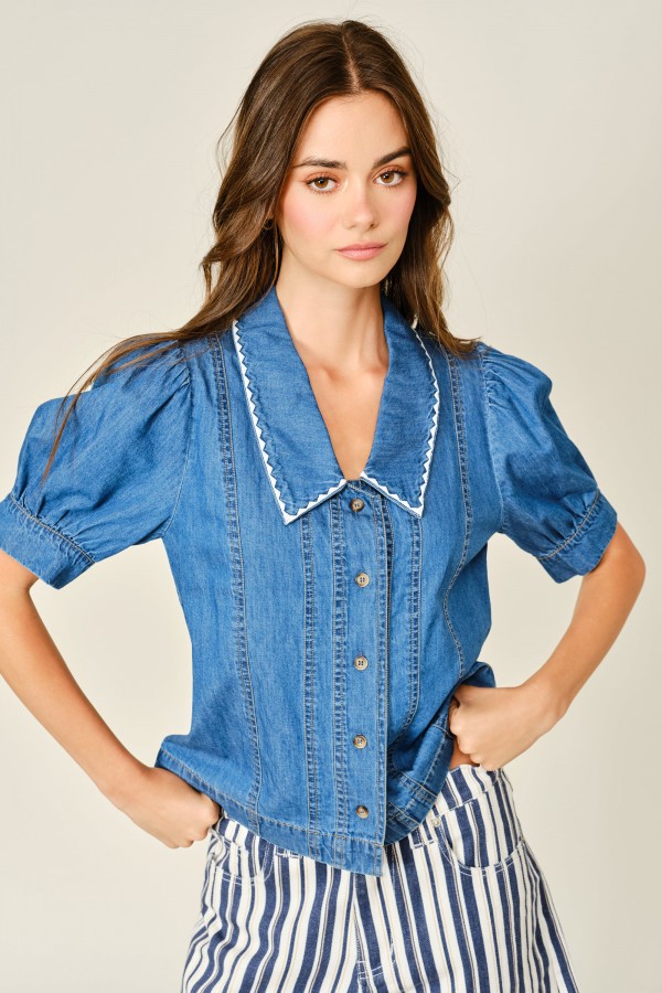AJT5886 / Aaron & Amber<br/>COLLAR EMBROIDERED DENIM BUTTON DOWN SHIRTS