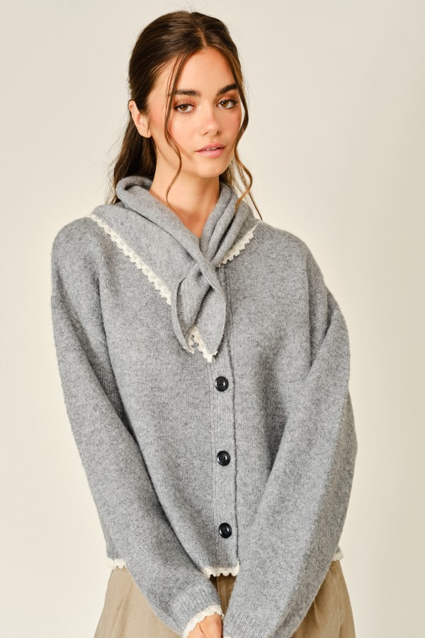 AJT5891 / Aaron & Amber<br/>COZY LACE TRIM SCARF CARDIGAN TOP