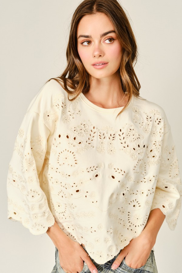 AJT6039 / Aaron & Amber<br/>EYELET TERRY SHORT SLEEVE SWEATSHIRTS