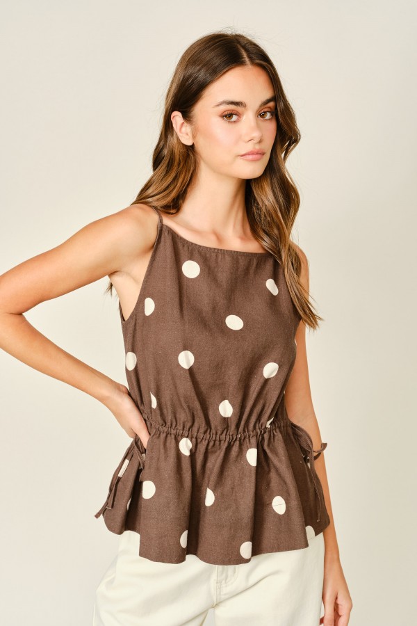AJT6068 / Aaron & Amber<br/>SOFT TOUCH POLKA DOT SLEEVELESS BABYDOLL SHIRRING WAIST TOP