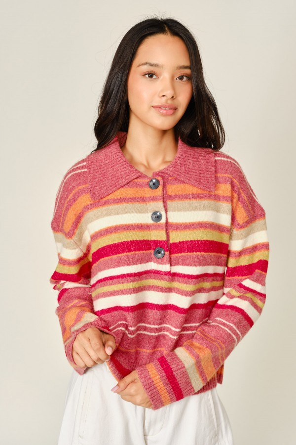 AJT6285 / Aaron & Amber<br/>STRIPED POLO KNIT SWEATER TOP