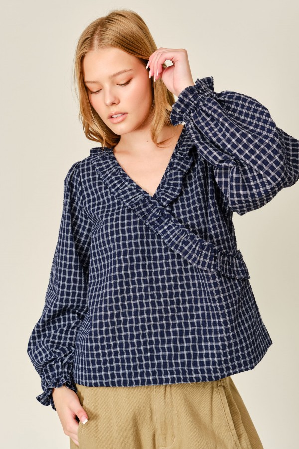 AJT6288 / Aaron & Amber<br/>PLAID RUFFLE NECK BLOUSE