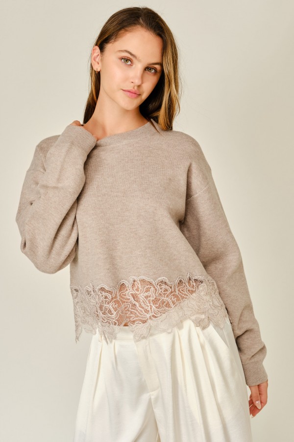 AJT6370 / Aaron & Amber<br/>WOOL MIX LACE BOTTOM PULLOVER SWEATER TOP