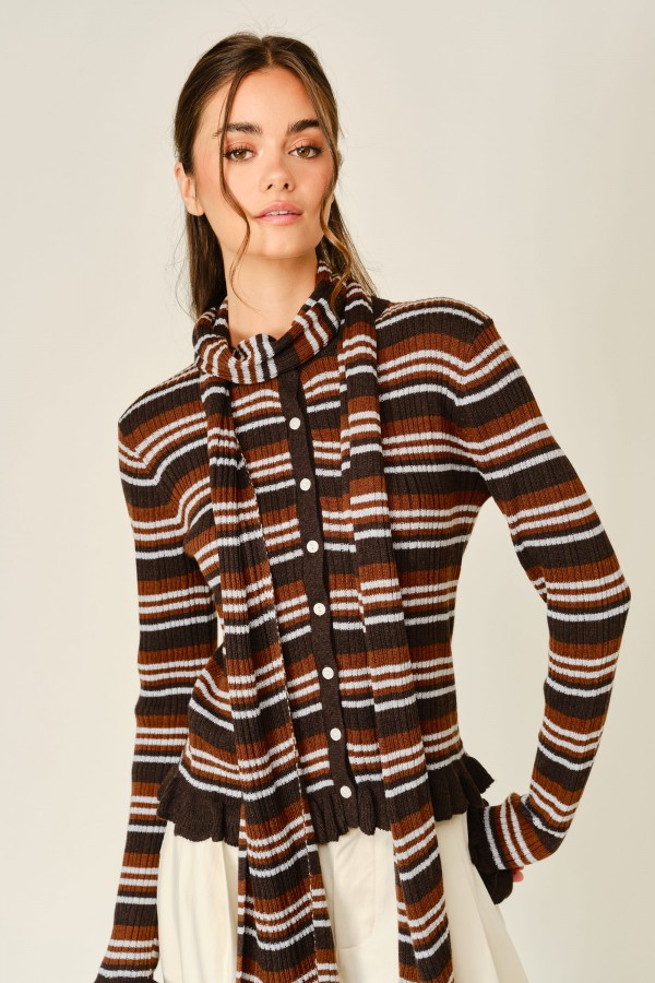 AJT6384 / Aaron & Amber<br/>WOOL MIX STRIPED SCARF POLO CARDIGAN