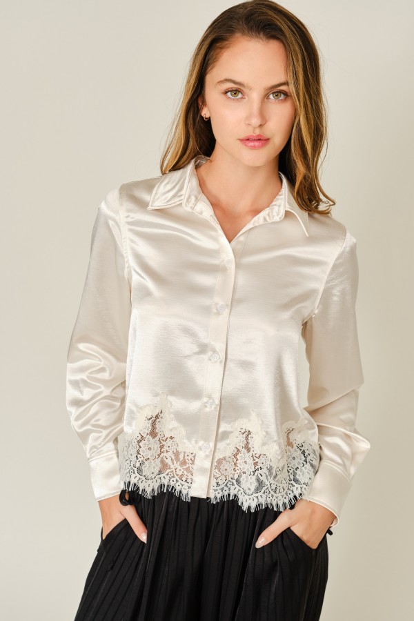AJT6400 / Aaron & Amber<br/>LUXE SATIN LACE HEM SHIRT BLOUSE