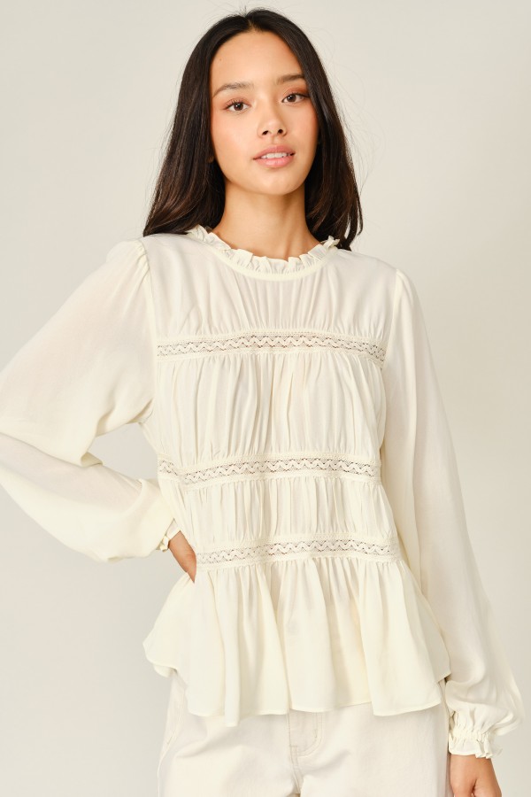 AJT6445 / Aaron & Amber<br/>LACE DETAIL TIERED RUFFLE NECK BLOUSE
