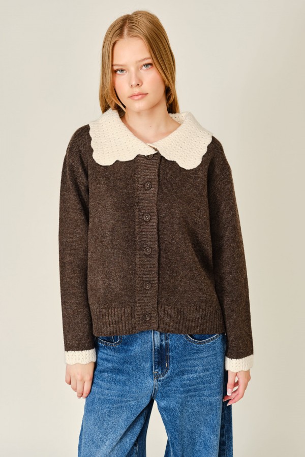AJT6453 / Aaron & Amber<br/>COZY TWO-TONE CROCHET WOOL BLEND CARDIGAN