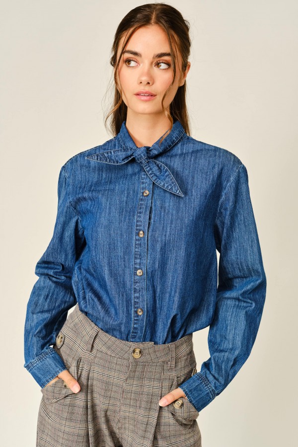 AJT6459 / Aaron & Amber<br/>OXFORD DENIM RIBBON TIE BLOUSE SHIRT