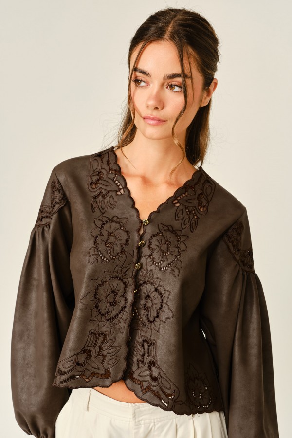 AJT6566 / Aaron & Amber<br/>BOHO VEGAN LEATHER EMBROIDERED BLOUSE TOP